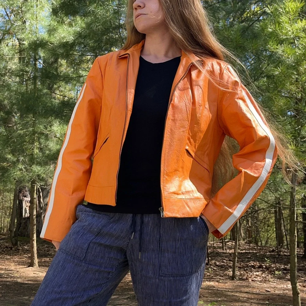 Y2K Metro Style Neon Orange Racing 100% Genuine Leather Jacket Women’s Size L - Picture 6 of 16